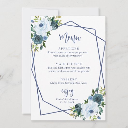 Dusty Blue Floral Waterverf Vrijgezellenfeest Menu Kaart (Voorkant)