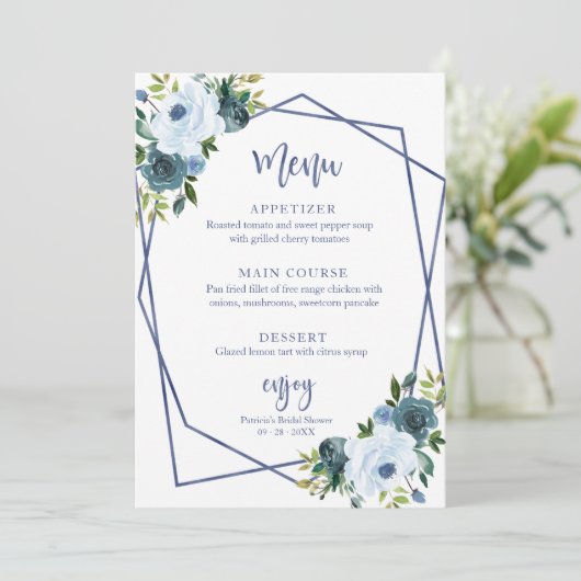 Dusty Blue Floral Waterverf Vrijgezellenfeest Menu Kaart (Staand voorkant)