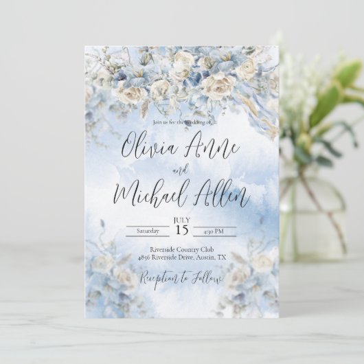 Dusty Blue Floral Waterverf Weddenschap Kaart (Staand voorkant)