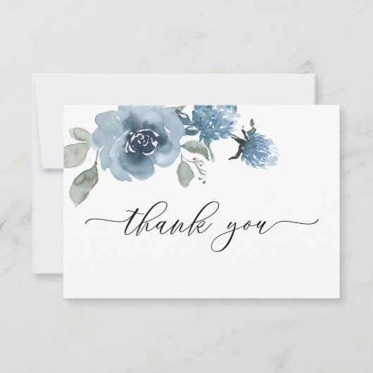 Dusty Blue Floral Waterverf Wedding Bedankkaart (Voorkant)