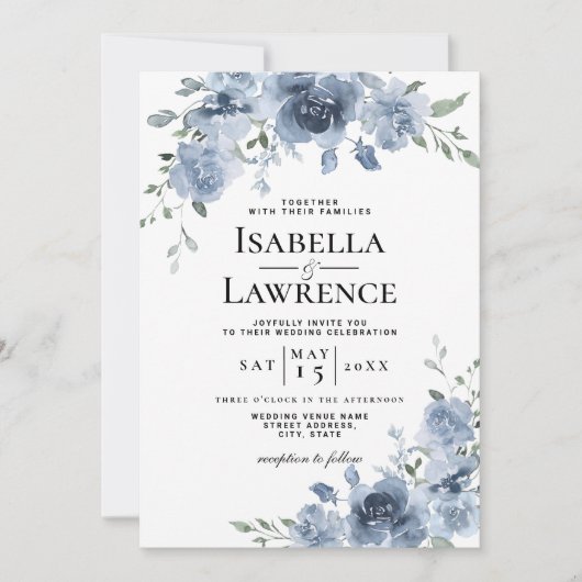 Dusty Blue Floral Waterverf Wedding Kaart (Voorkant)