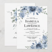 Dusty Blue Floral Waterverf Wedding Kaart (Voorkant / Achterkant)