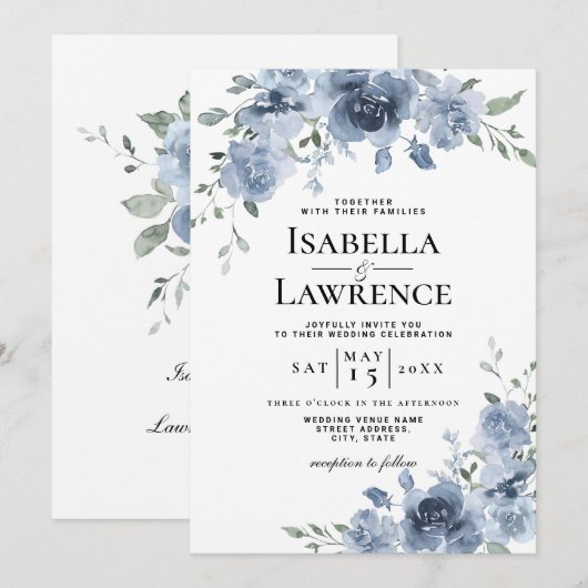 Dusty Blue Floral Waterverf Wedding Kaart (Voorkant / Achterkant)