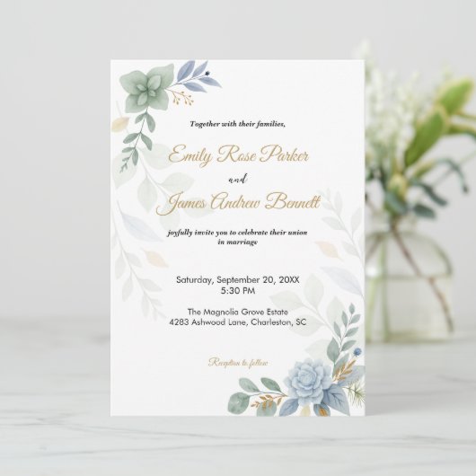 Dusty Blue Floral Waterverf Wedding Kaart (Staand voorkant)