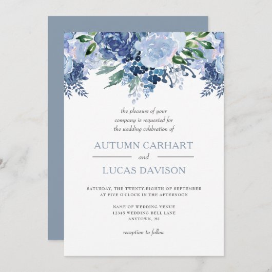 Dusty Blue Floral Waterverf Wedding Kaart (Voorkant / Achterkant)