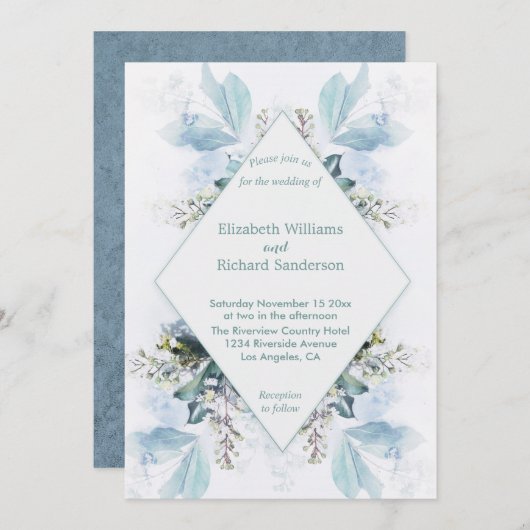 Dusty Blue Floral Waterverf Wedding Kaart (Voorkant / Achterkant)