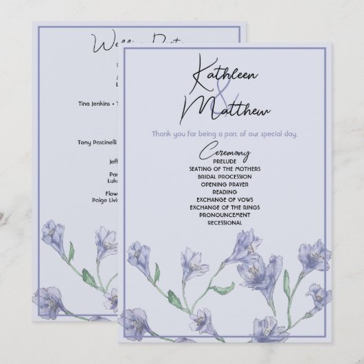 Dusty Blue Floral Waterverf Wedding Programmakaart (Voorkant / Achterkant)