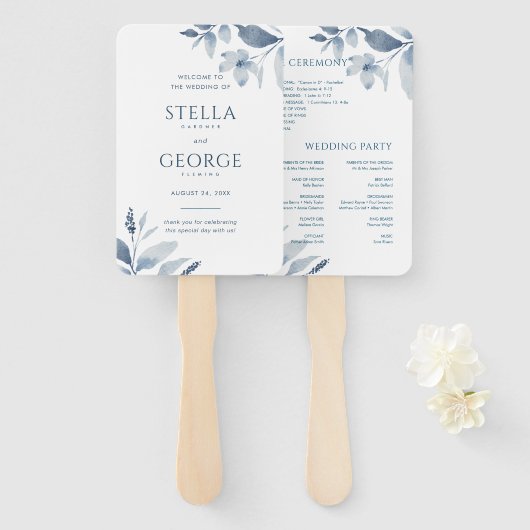 Dusty Blue Floral Waterverf Wedding Programme Fan Handwaaier (Voorkant en achterkant)