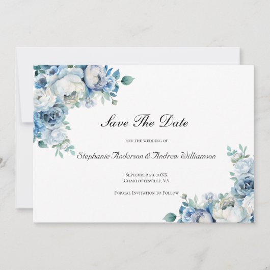 Dusty Blue Floral Waterverf Wedding QR Code Save The Date (Voorkant)