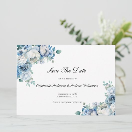 Dusty Blue Floral Waterverf Wedding QR Code Save The Date (Staand voorkant)