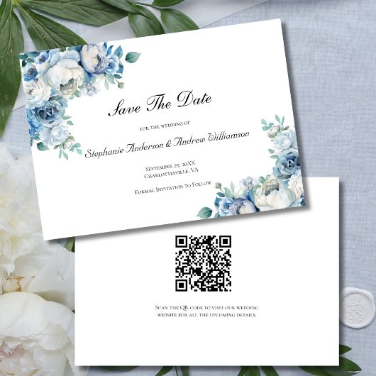 Dusty Blue Floral Waterverf Wedding QR Code Save The Date