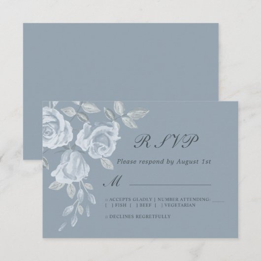 Dusty Blue Floral Waterverf Wedding RSVP Kaartje (Voorkant / Achterkant)