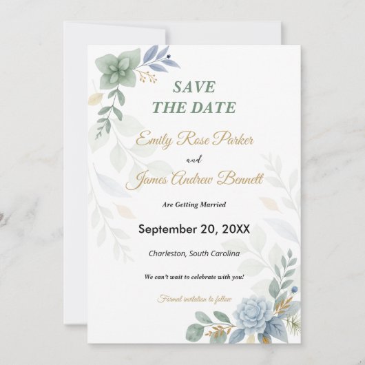 Dusty Blue Floral Waterverf Wedding Save The Date (Voorkant)