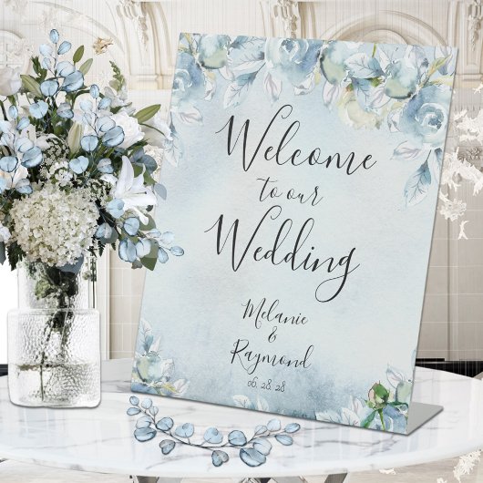 Dusty Blue Floral Waterverf Welkom bij bruiloft Reclamebord Met Voetstuk