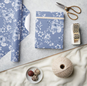 Dusty Blue Floral Waterverf Wrapping Paper Cadeaupapier