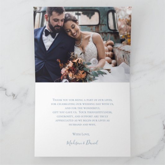 Dusty Blue Floral Weddenschap Foto bedankt (Binnen)