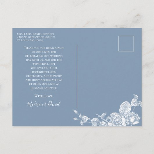 Dusty Blue Floral Weddenschap Foto bedankt Briefkaart (Achterkant)