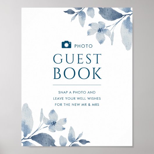 Dusty Blue Floral Weddenschap Foto Guest Book Sign Poster (Voorkant)