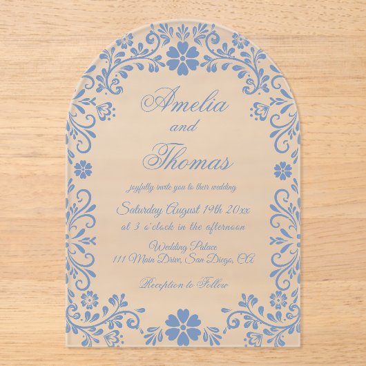 Dusty Blue Floral Wedding Acryl Uitnodigingen (Voorkant)