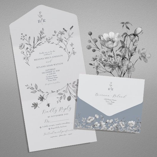 Dusty Blue Floral Wedding All-in-One All In One Uitnodiging