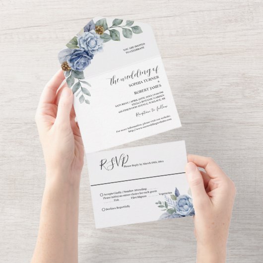 Dusty Blue Floral Wedding All In One Uitnodiging (Afscheurbaar)