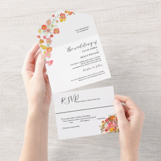 Dusty Blue Floral Wedding All In One Uitnodiging (Afscheurbaar)