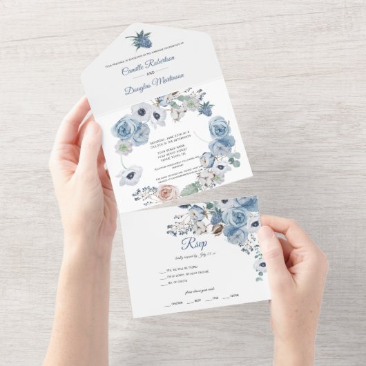Dusty Blue Floral Wedding | Alle in één uitnodigin All In One Uitnodiging (Afscheurbaar)