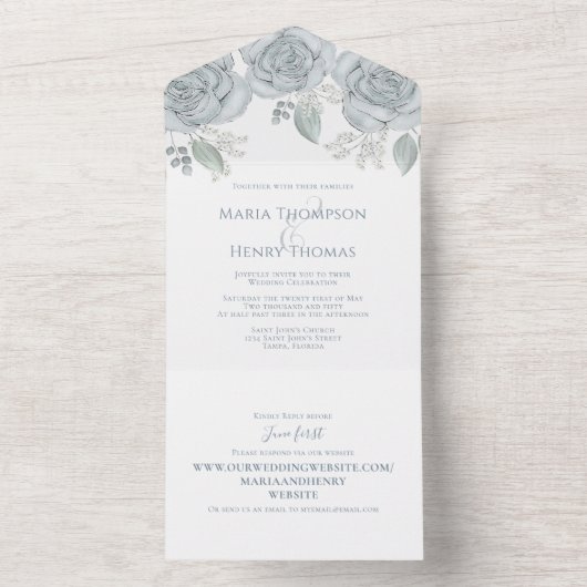 Dusty Blue Floral Wedding Alles in één All In One Uitnodiging (Binnen)