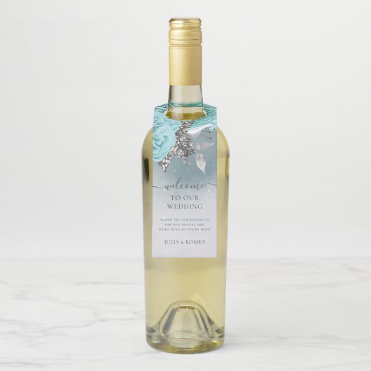 Dusty Blue Floral Wedding Bedankt Flessenhanger (Op fles)