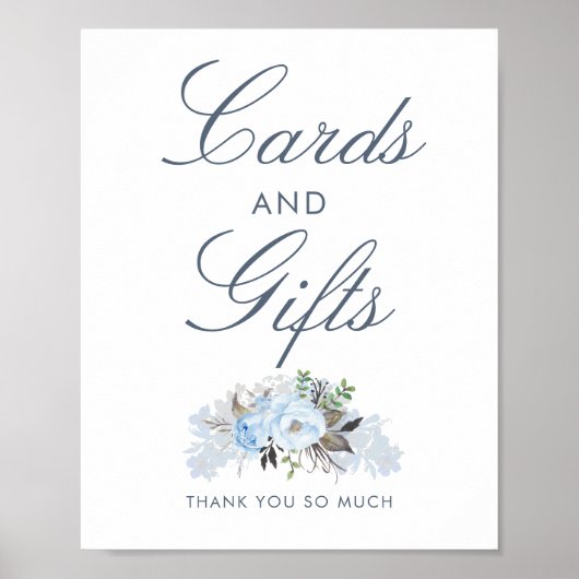 Dusty Blue Floral Wedding Cards en Gifts Sign Poster (Voorkant)