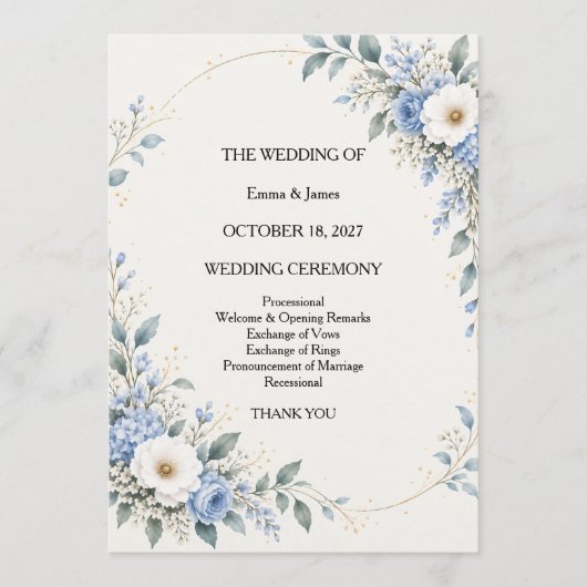 Dusty Blue Floral Wedding Ceremony Program Kaart (Voorkant)