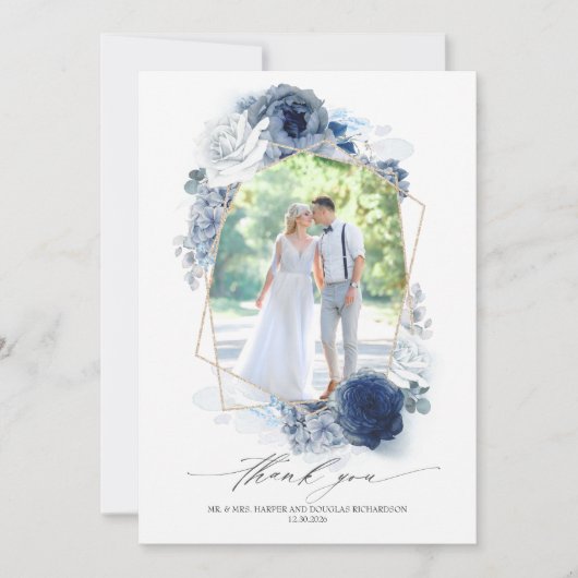 Dusty Blue Floral Wedding Dank u Foto Bedankkaart (Voorkant)