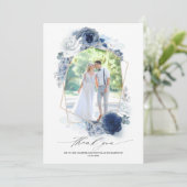 Dusty Blue Floral Wedding Dank u Foto Bedankkaart (Staand voorkant)