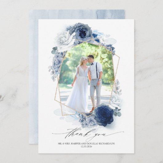 Dusty Blue Floral Wedding Dank u Foto Bedankkaart (Voorkant / Achterkant)