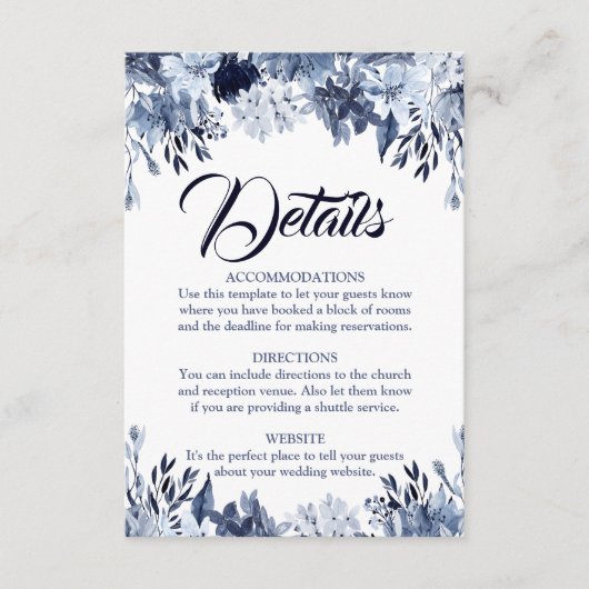 Dusty Blue Floral Wedding Details Card Informatiekaartje (Voorkant)