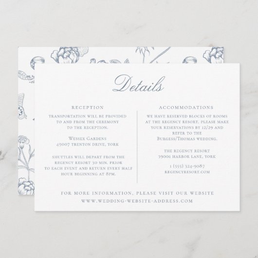 Dusty Blue Floral Wedding Details Card Kaart (Voorkant / Achterkant)