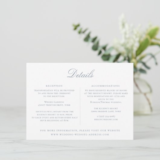 Dusty Blue Floral Wedding Details Card Kaart (Staand voorkant)