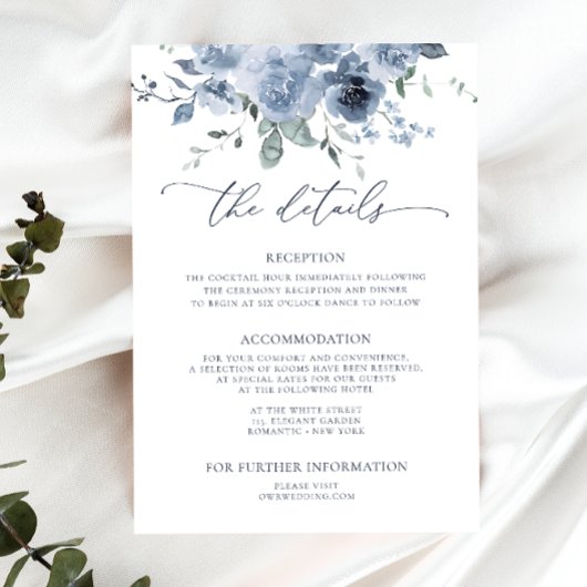 Dusty Blue Floral Wedding Details Enclosure Kaart