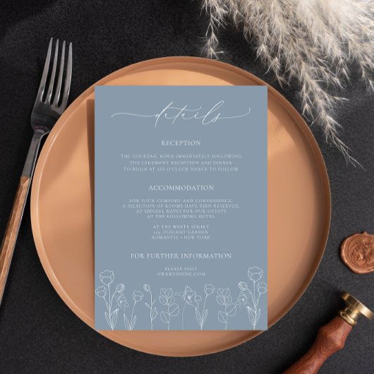 Dusty Blue Floral Wedding Details Enclosure Kaart