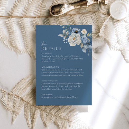 Dusty Blue Floral Wedding Details Enclosure Kaart