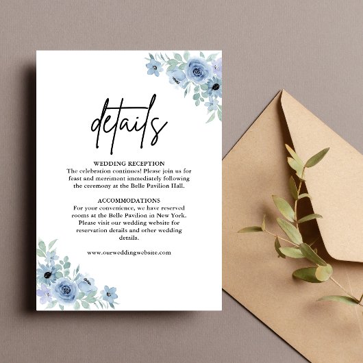  Dusty Blue Floral Wedding Details Informatiekaartje