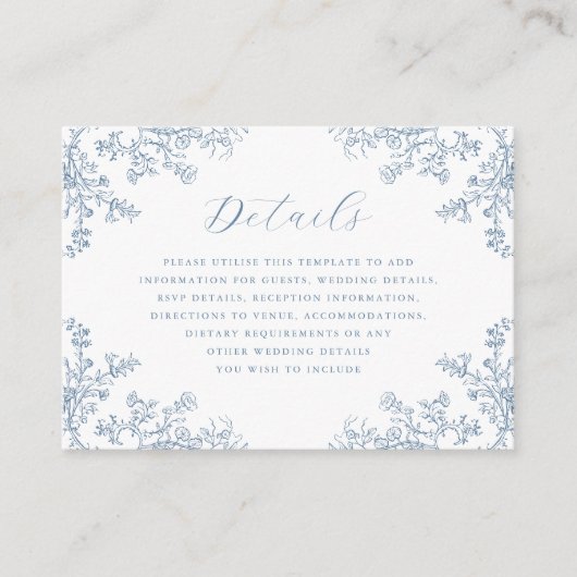 Dusty Blue  Floral Wedding Details Informatiekaartje (Voorkant)