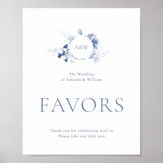 Dusty Blue Floral Wedding Favor Sign Poster (Voorkant)
