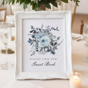 Dusty Blue Floral Wedding Guest Book Sign Poster