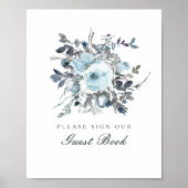 Dusty Blue Floral Wedding Guest Book Sign Poster (Voorkant)