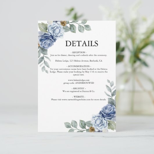 Dusty Blue Floral Wedding Informatiekaartje (Staand voorkant)
