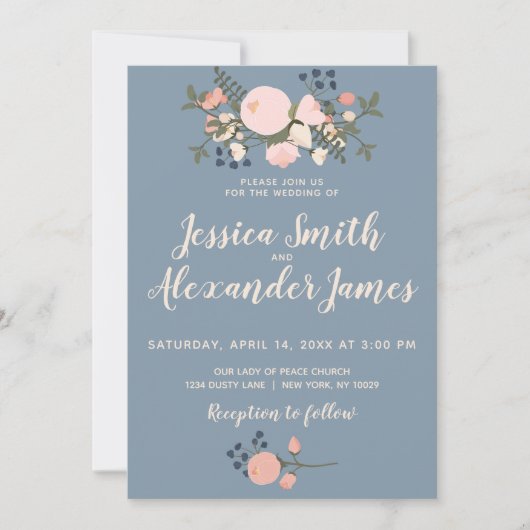 Dusty Blue Floral Wedding Invitation Blush Pink Kaart (Voorkant)
