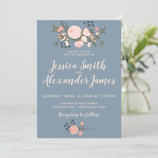 Dusty Blue Floral Wedding Invitation Blush Pink Kaart (Staand voorkant)