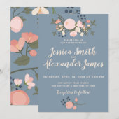 Dusty Blue Floral Wedding Invitation Blush Pink Kaart (Voorkant / Achterkant)