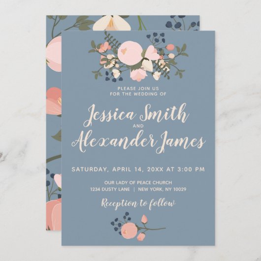 Dusty Blue Floral Wedding Invitation Blush Pink Kaart (Voorkant / Achterkant)